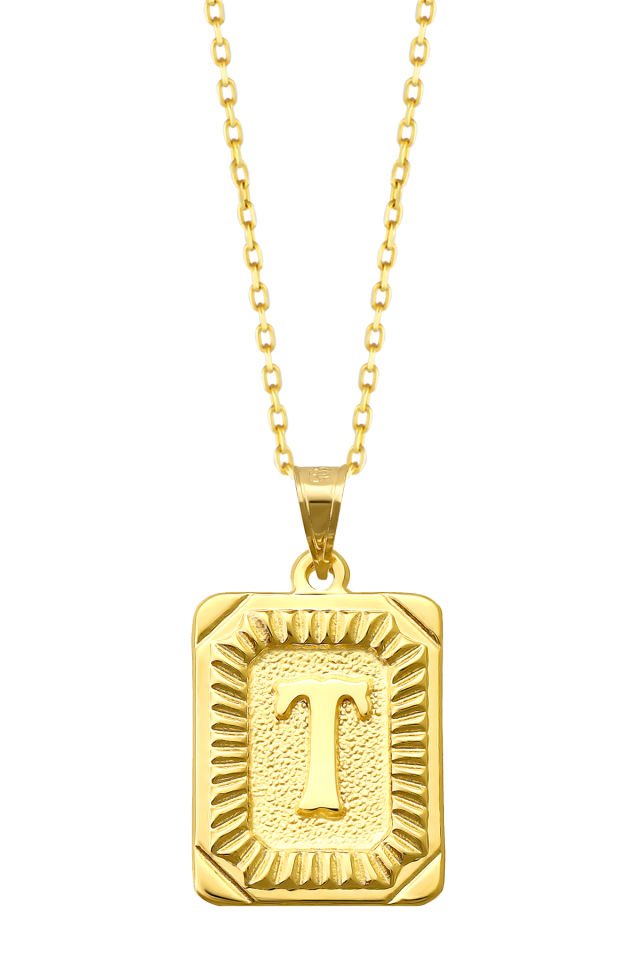PRENSES PIRLANTA Kadın 14 Ayar Altın Kare Harf Kolye A & Z Harfi Altın Kolye Zincirli Harf Kolye 42 Cm T