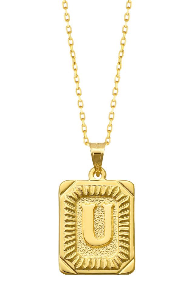 PRENSES PIRLANTA Kadın 14 Ayar Altın Kare Harf Kolye A & Z Harfi Altın Kolye Zincirli Harf Kolye 42 Cm U