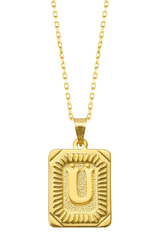 PRENSES PIRLANTA Kadın 14 Ayar Altın Kare Harf Kolye A & Z Harfi Altın Kolye Zincirli Harf Kolye 42 Cm Ü