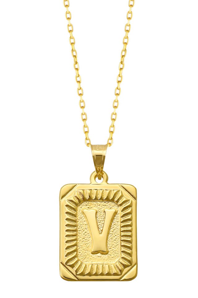 PRENSES PIRLANTA Kadın 14 Ayar Altın Kare Harf Kolye A & Z Harfi Altın Kolye Zincirli Harf Kolye 42 Cm V
