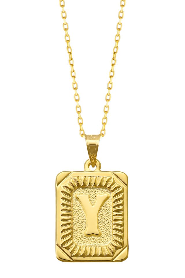 PRENSES PIRLANTA Kadın 14 Ayar Altın Kare Harf Kolye A & Z Harfi Altın Kolye Zincirli Harf Kolye 42 Cm Y