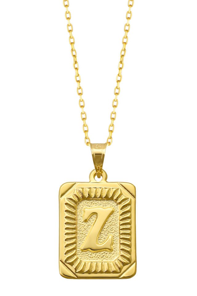 PRENSES PIRLANTA Kadın 14 Ayar Altın Kare Harf Kolye A & Z Harfi Altın Kolye Zincirli Harf Kolye 42 Cm Z