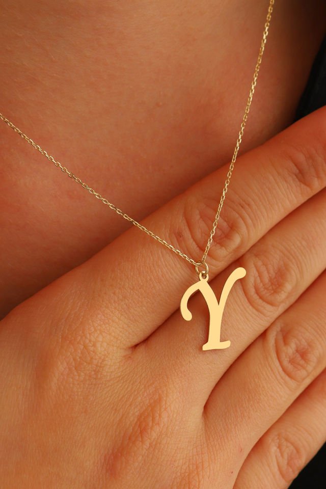 PRENSES PIRLANTA Kadın 14 Ayar Altın Harf Kolye El işi A & Z Harfi Altın Kolye Zincirli Harf Kolye 42 Cm Y