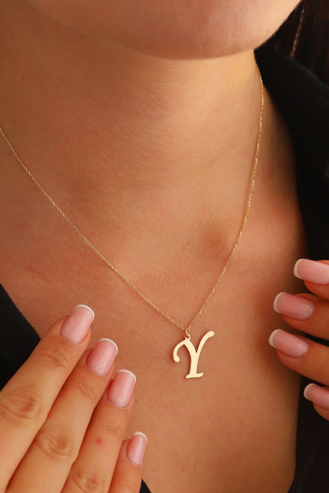 PRENSES PIRLANTA Kadın 14 Ayar Altın Harf Kolye El işi A & Z Harfi Altın Kolye Zincirli Harf Kolye 42 Cm Y