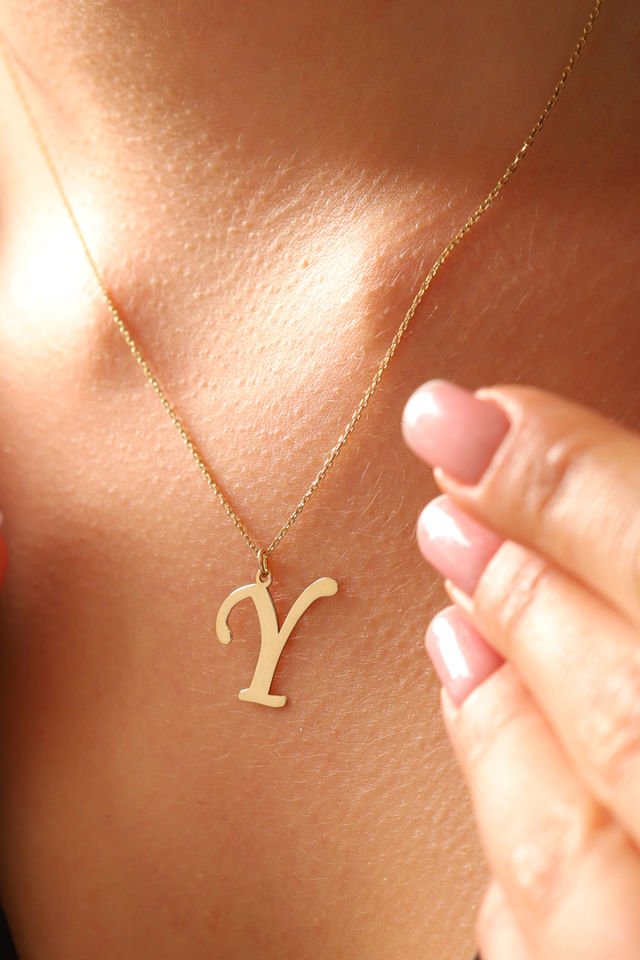 PRENSES PIRLANTA Kadın 14 Ayar Altın Harf Kolye El işi A & Z Harfi Altın Kolye Zincirli Harf Kolye 42 Cm Y