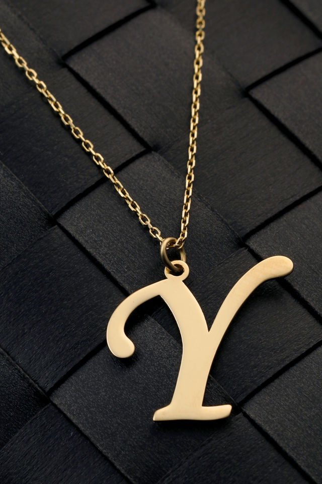 PRENSES PIRLANTA Kadın 14 Ayar Altın Harf Kolye El işi A & Z Harfi Altın Kolye Zincirli Harf Kolye 42 Cm Y