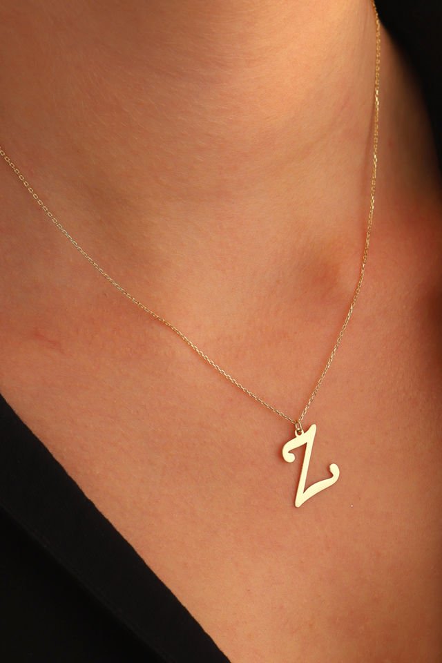 PRENSES PIRLANTA Kadın 14 Ayar Altın Harf Kolye El işi A & Z Harfi Altın Kolye Zincirli Harf Kolye 42 Cm Z