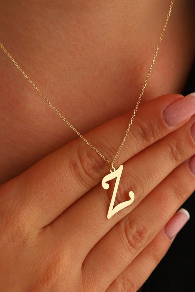 PRENSES PIRLANTA Kadın 14 Ayar Altın Harf Kolye El işi A & Z Harfi Altın Kolye Zincirli Harf Kolye 42 Cm Z