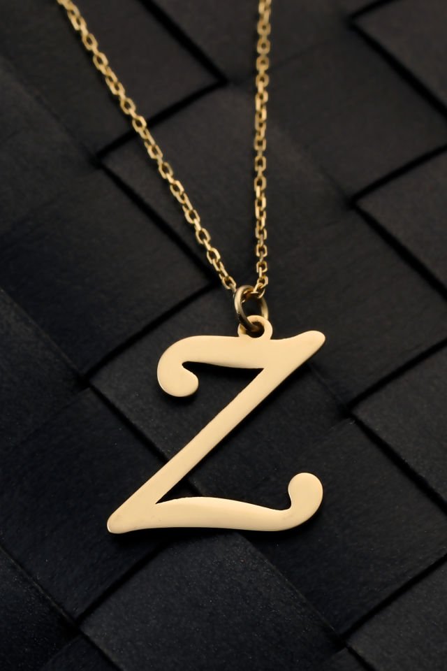 PRENSES PIRLANTA Kadın 14 Ayar Altın Harf Kolye El işi A & Z Harfi Altın Kolye Zincirli Harf Kolye 42 Cm Z