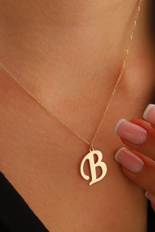 PRENSES PIRLANTA Kadın 14 Ayar Altın Harf Kolye El işi A & Z Harfi Altın Kolye Zincirli Harf Kolye 42 Cm B