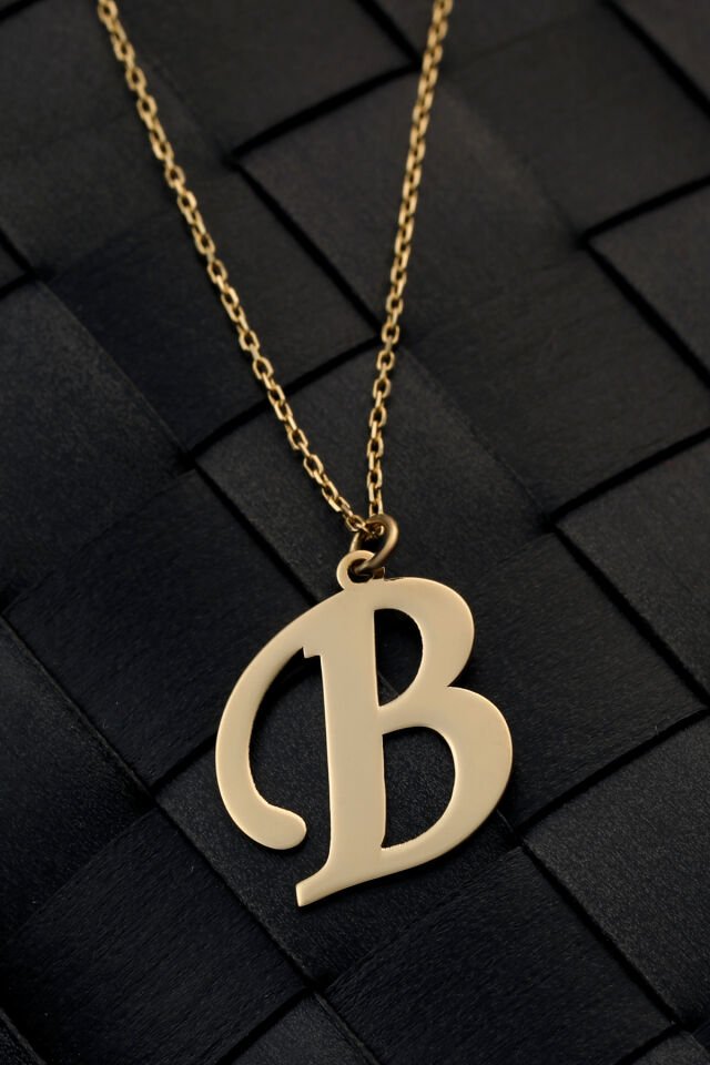 PRENSES PIRLANTA Kadın 14 Ayar Altın Harf Kolye El işi A & Z Harfi Altın Kolye Zincirli Harf Kolye 42 Cm B