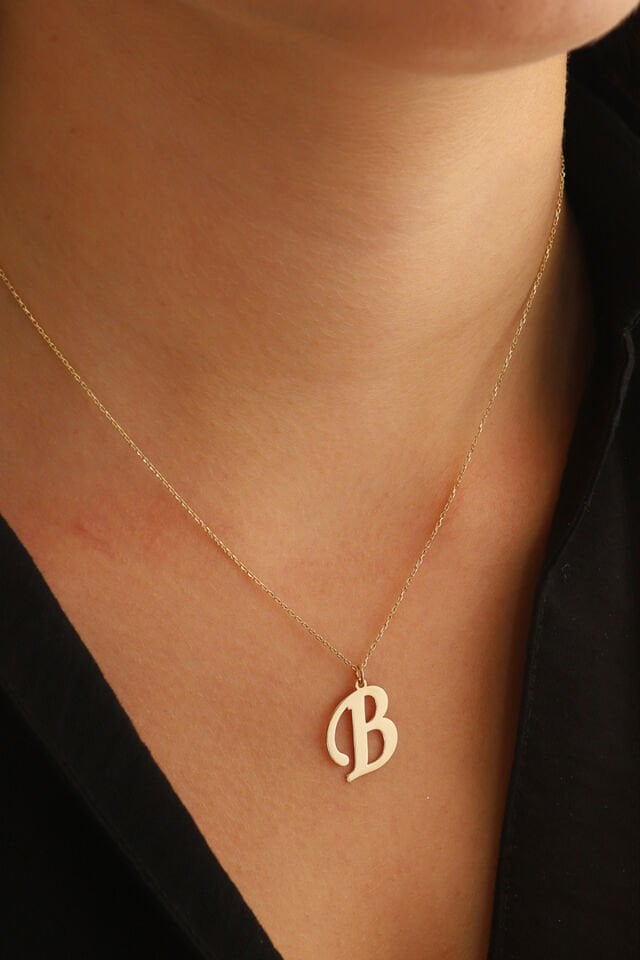 PRENSES PIRLANTA Kadın 14 Ayar Altın Harf Kolye El işi A & Z Harfi Altın Kolye Zincirli Harf Kolye 42 Cm B