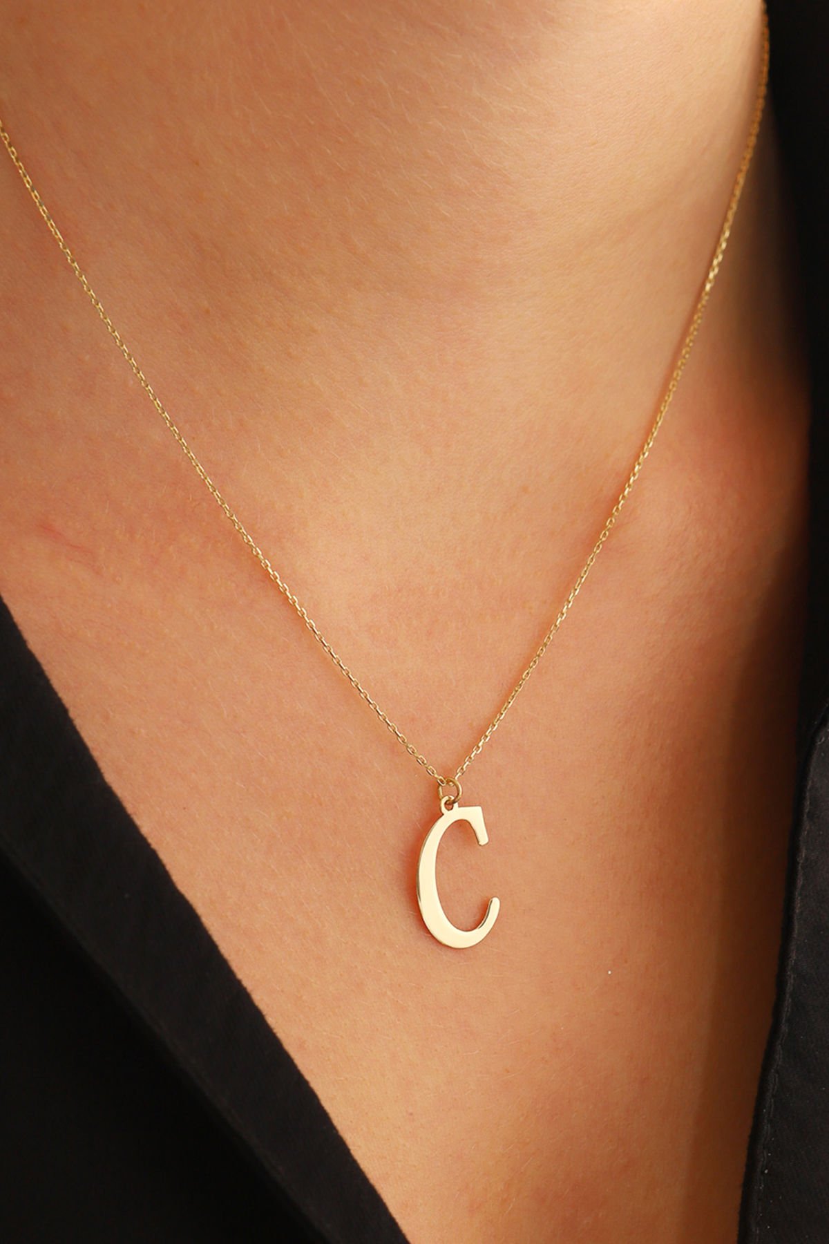 PRENSES PIRLANTA Kadın 14 Ayar Altın Harf Kolye El işi A & Z Harfi Altın Kolye Zincirli Harf Kolye 42 Cm C