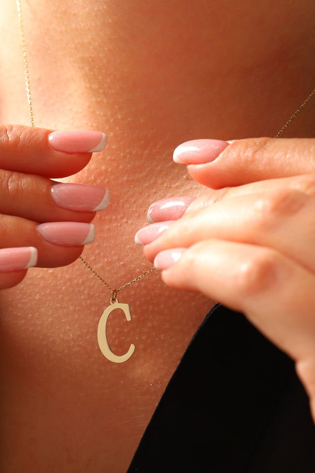 PRENSES PIRLANTA Kadın 14 Ayar Altın Harf Kolye El işi A & Z Harfi Altın Kolye Zincirli Harf Kolye 42 Cm C