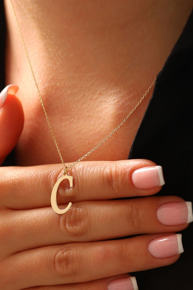 PRENSES PIRLANTA Kadın 14 Ayar Altın Harf Kolye El işi A & Z Harfi Altın Kolye Zincirli Harf Kolye 42 Cm C