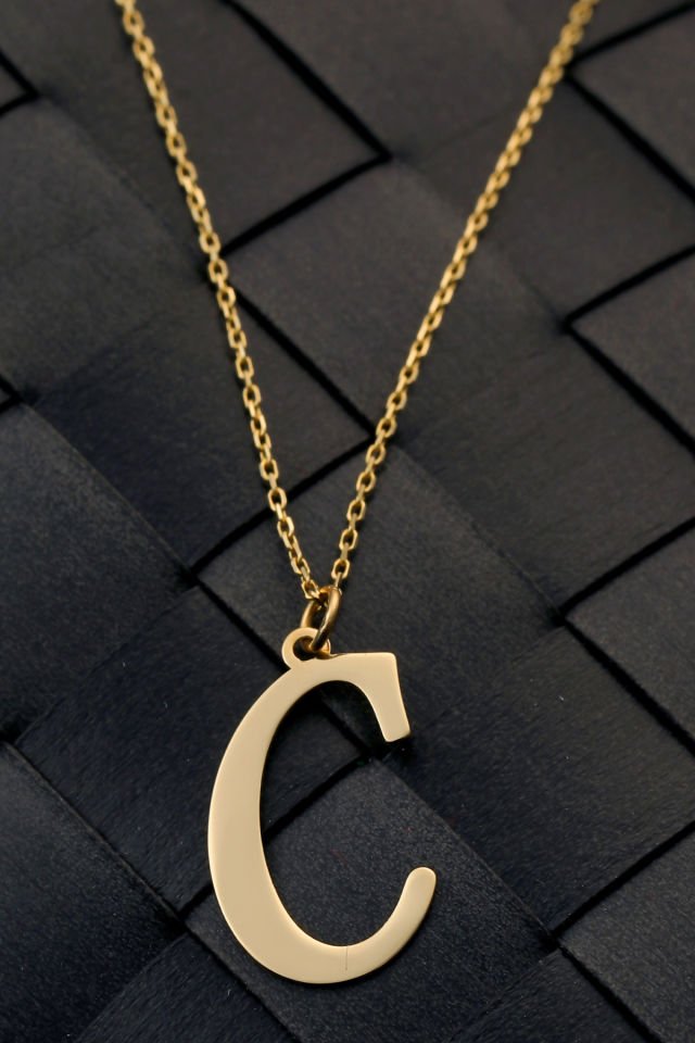 PRENSES PIRLANTA Kadın 14 Ayar Altın Harf Kolye El işi A & Z Harfi Altın Kolye Zincirli Harf Kolye 42 Cm C