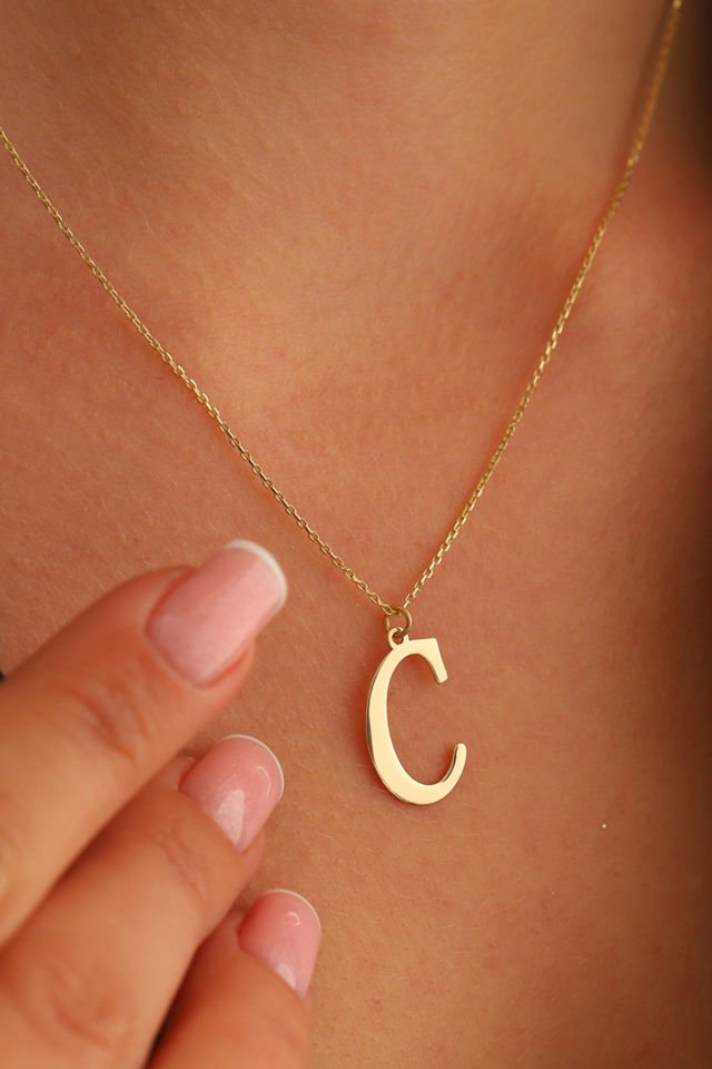 PRENSES PIRLANTA Kadın 14 Ayar Altın Harf Kolye El işi A & Z Harfi Altın Kolye Zincirli Harf Kolye 42 Cm C