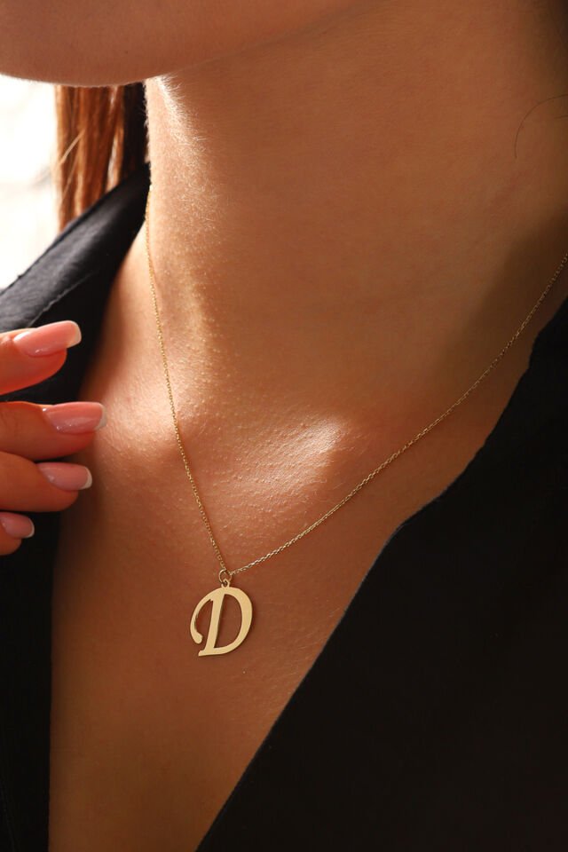 PRENSES PIRLANTA Kadın 14 Ayar Altın Harf Kolye El işi A & Z Harfi Altın Kolye Zincirli Harf Kolye 42 Cm D