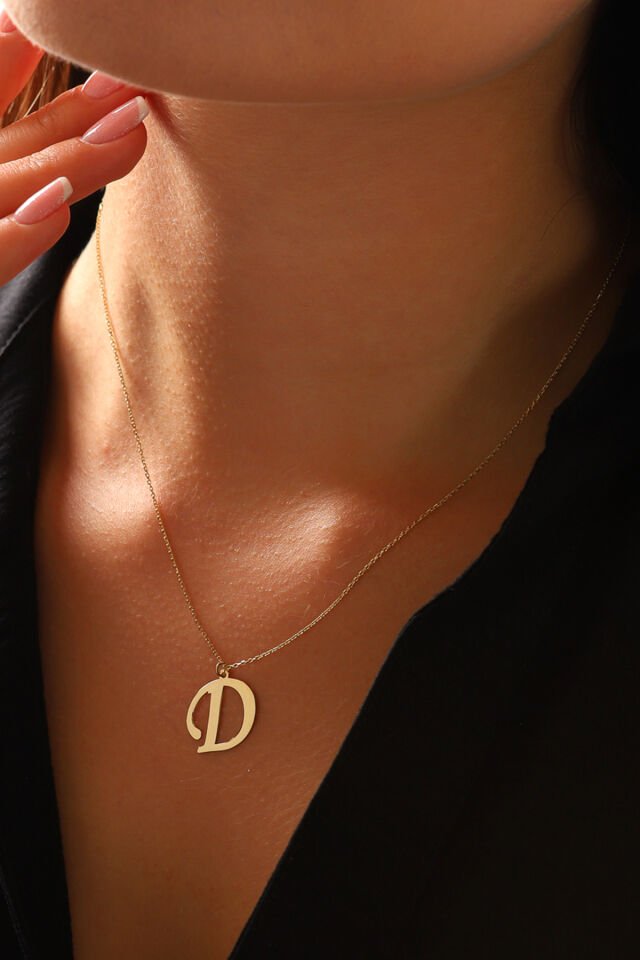 PRENSES PIRLANTA Kadın 14 Ayar Altın Harf Kolye El işi A & Z Harfi Altın Kolye Zincirli Harf Kolye 42 Cm D