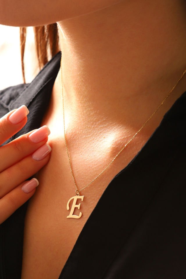 PRENSES PIRLANTA Kadın 14 Ayar Altın Harf Kolye El işi A & Z Harfi Altın Kolye Zincirli Harf Kolye 42 Cm E