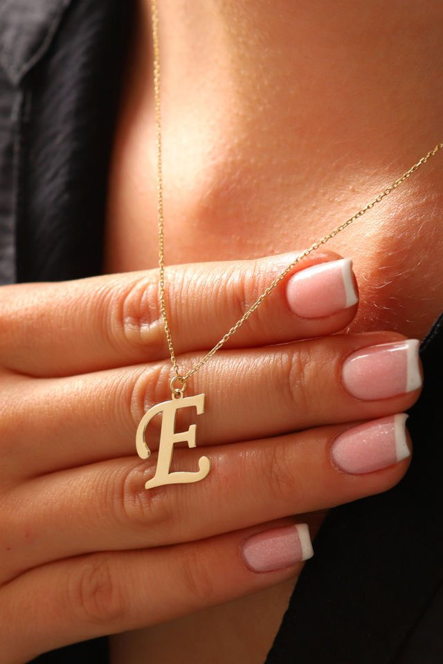 PRENSES PIRLANTA Kadın 14 Ayar Altın Harf Kolye El işi A & Z Harfi Altın Kolye Zincirli Harf Kolye 42 Cm E