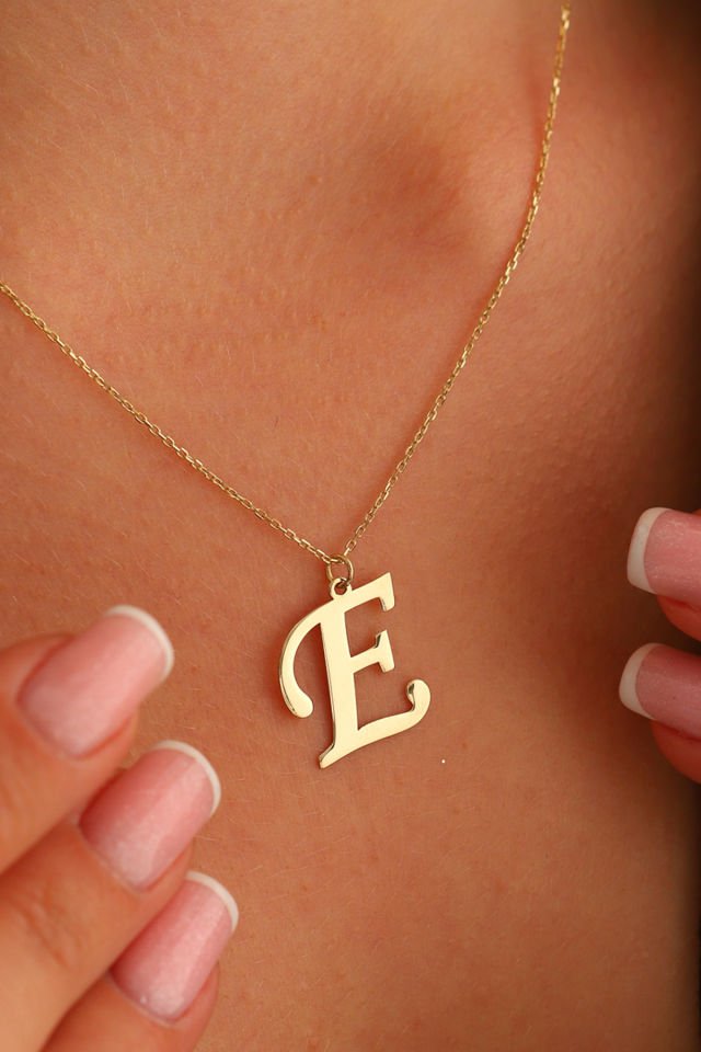 PRENSES PIRLANTA Kadın 14 Ayar Altın Harf Kolye El işi A & Z Harfi Altın Kolye Zincirli Harf Kolye 42 Cm E