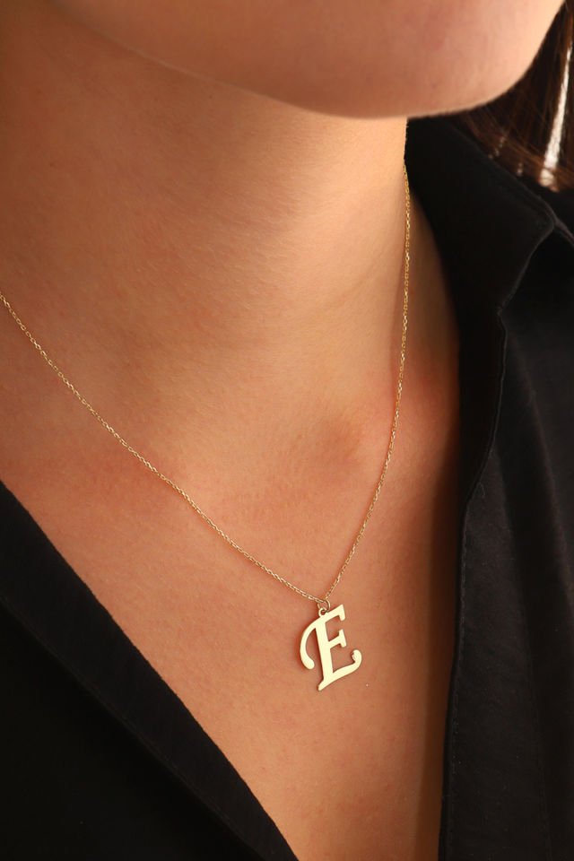 PRENSES PIRLANTA Kadın 14 Ayar Altın Harf Kolye El işi A & Z Harfi Altın Kolye Zincirli Harf Kolye 42 Cm E
