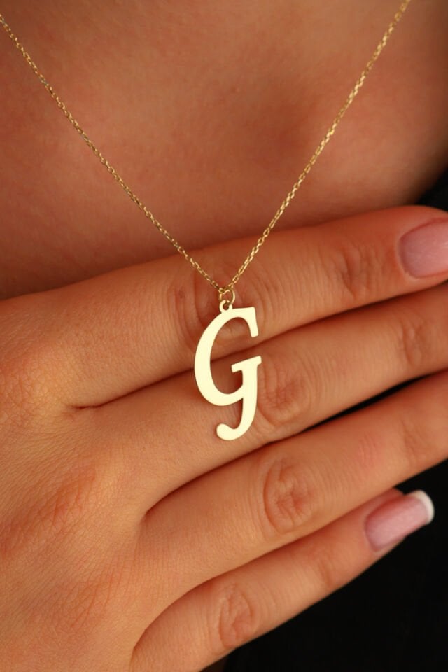 PRENSES PIRLANTA Kadın 14 Ayar Altın Harf Kolye El işi A & Z Harfi Altın Kolye Zincirli Harf Kolye 42 Cm G
