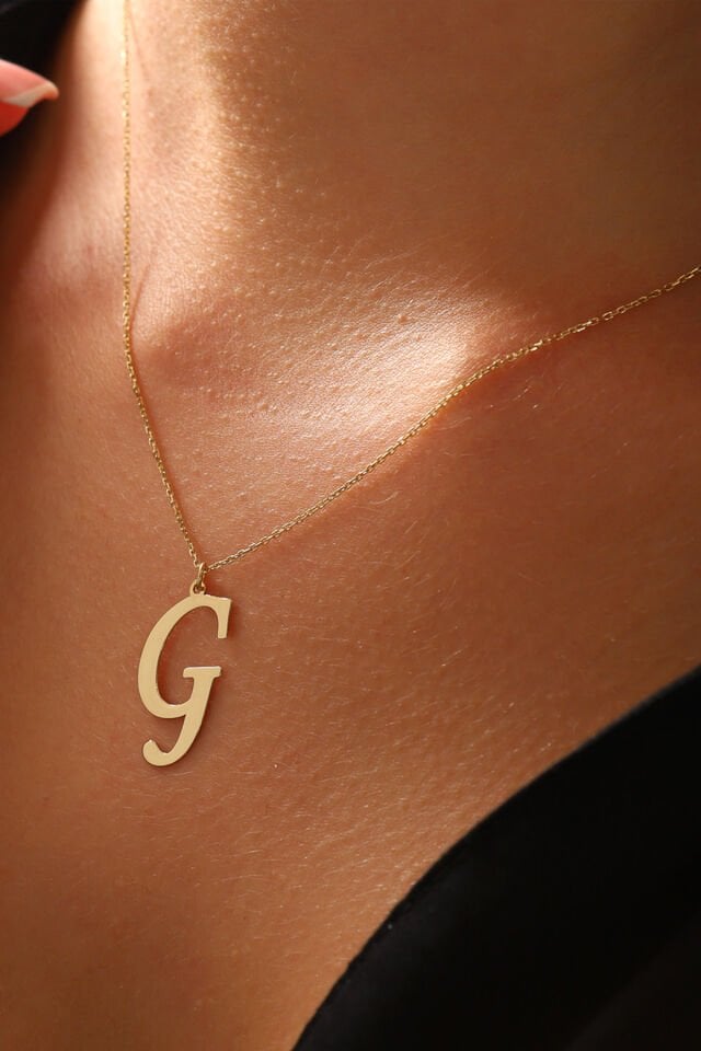 PRENSES PIRLANTA Kadın 14 Ayar Altın Harf Kolye El işi A & Z Harfi Altın Kolye Zincirli Harf Kolye 42 Cm G