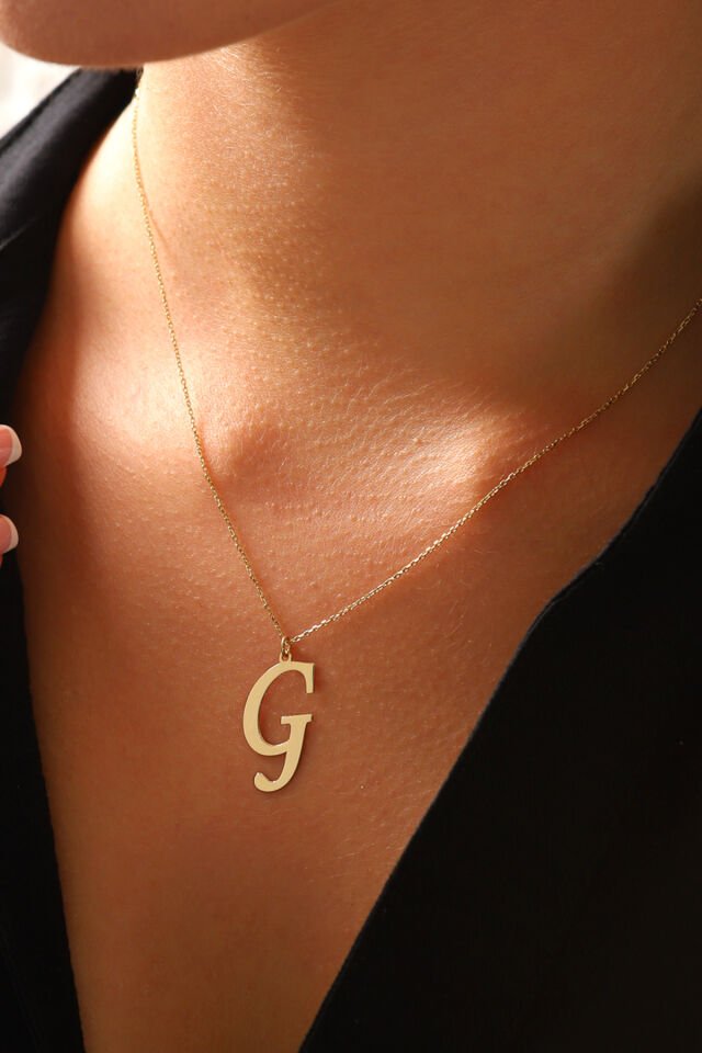 PRENSES PIRLANTA Kadın 14 Ayar Altın Harf Kolye El işi A & Z Harfi Altın Kolye Zincirli Harf Kolye 42 Cm G