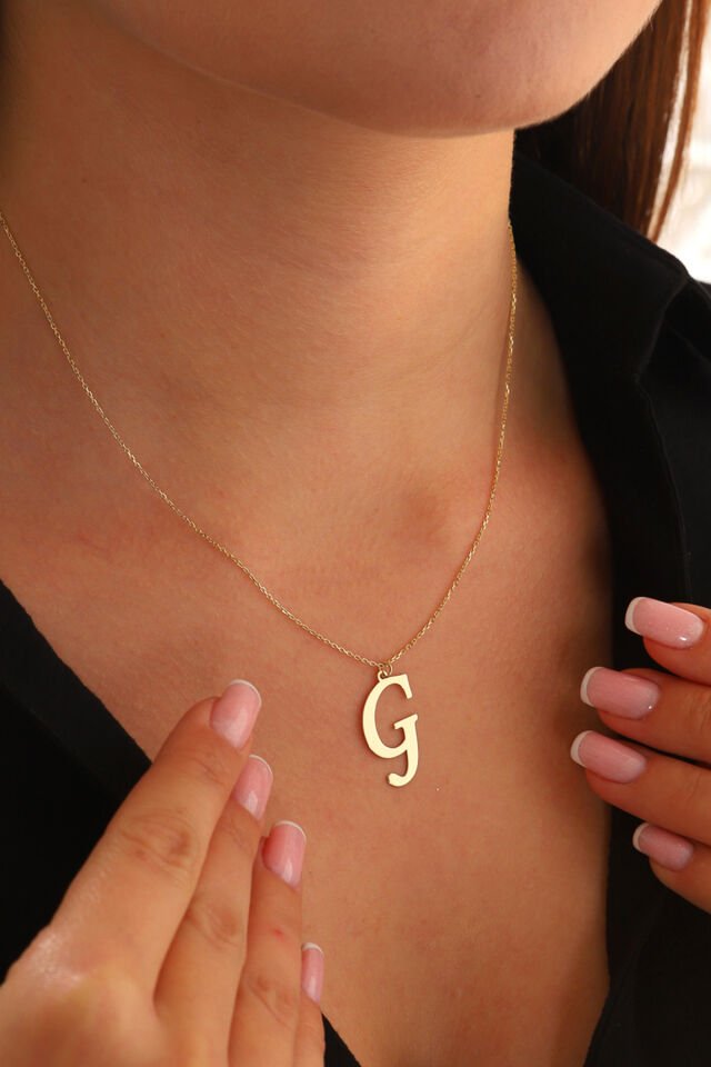 PRENSES PIRLANTA Kadın 14 Ayar Altın Harf Kolye El işi A & Z Harfi Altın Kolye Zincirli Harf Kolye 42 Cm G