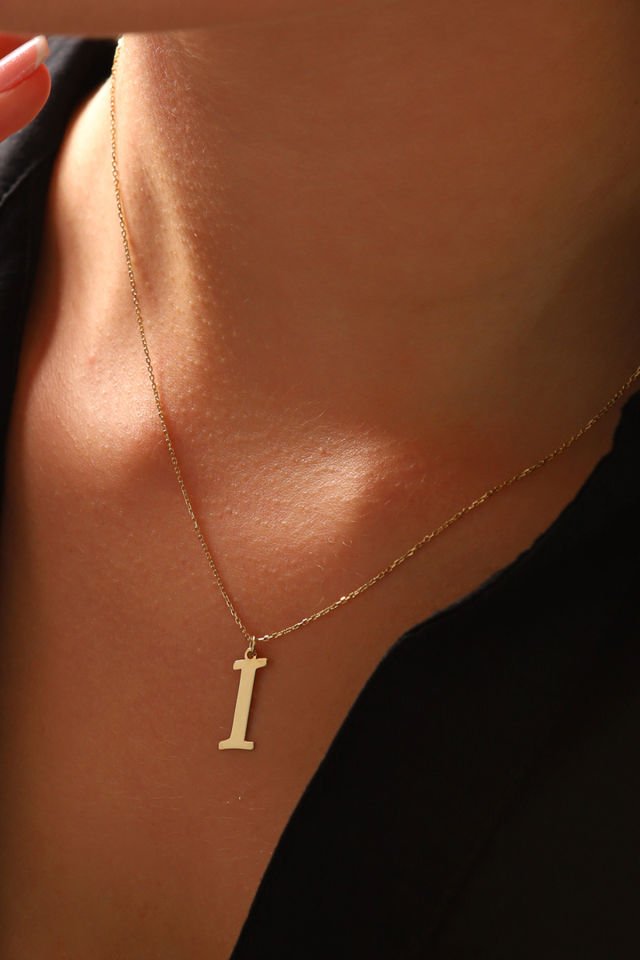 PRENSES PIRLANTA Kadın 14 Ayar Altın Harf Kolye El işi A & Z Harfi Altın Kolye Zincirli Harf Kolye 42 Cm I