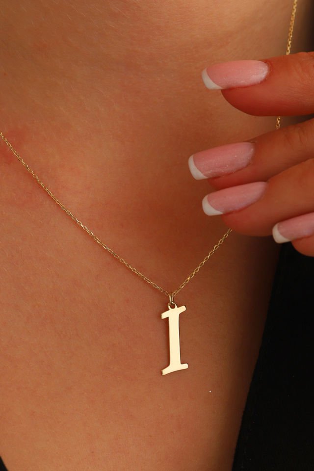 PRENSES PIRLANTA Kadın 14 Ayar Altın Harf Kolye El işi A & Z Harfi Altın Kolye Zincirli Harf Kolye 42 Cm I