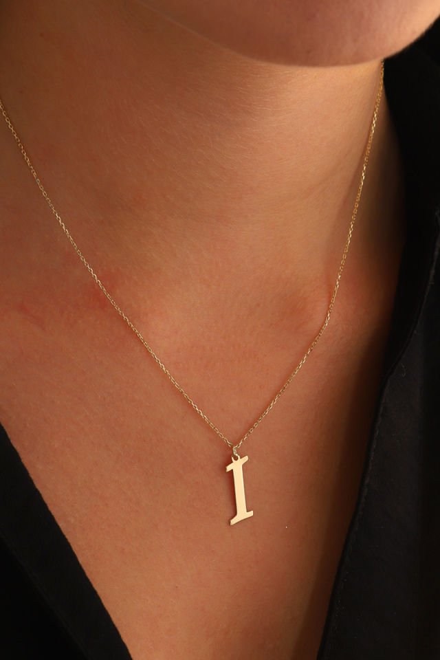 PRENSES PIRLANTA Kadın 14 Ayar Altın Harf Kolye El işi A & Z Harfi Altın Kolye Zincirli Harf Kolye 42 Cm I