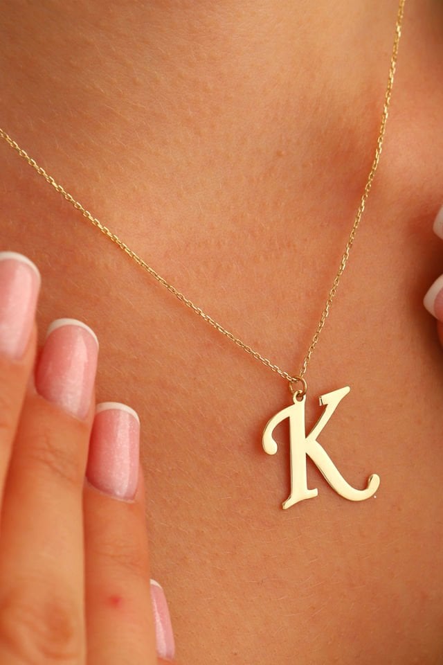 PRENSES PIRLANTA Kadın 14 Ayar Altın Harf Kolye El işi A & Z Harfi Altın Kolye Zincirli Harf Kolye 42 Cm K