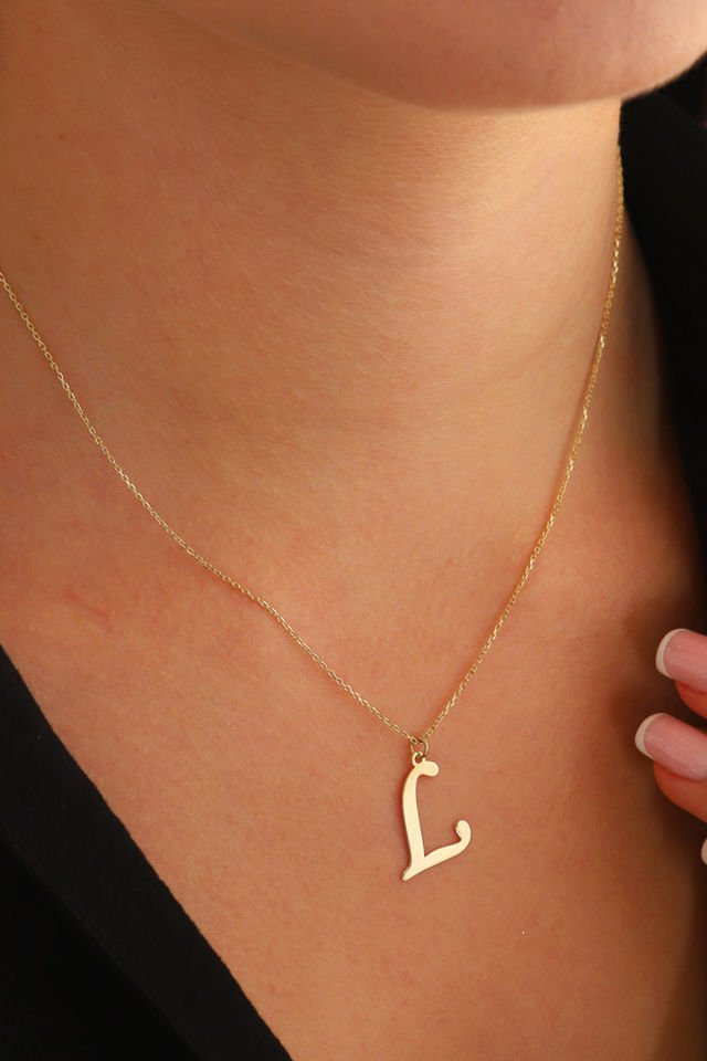 PRENSES PIRLANTA Kadın 14 Ayar Altın Harf Kolye El işi A & Z Harfi Altın Kolye Zincirli Harf Kolye 42 Cm L