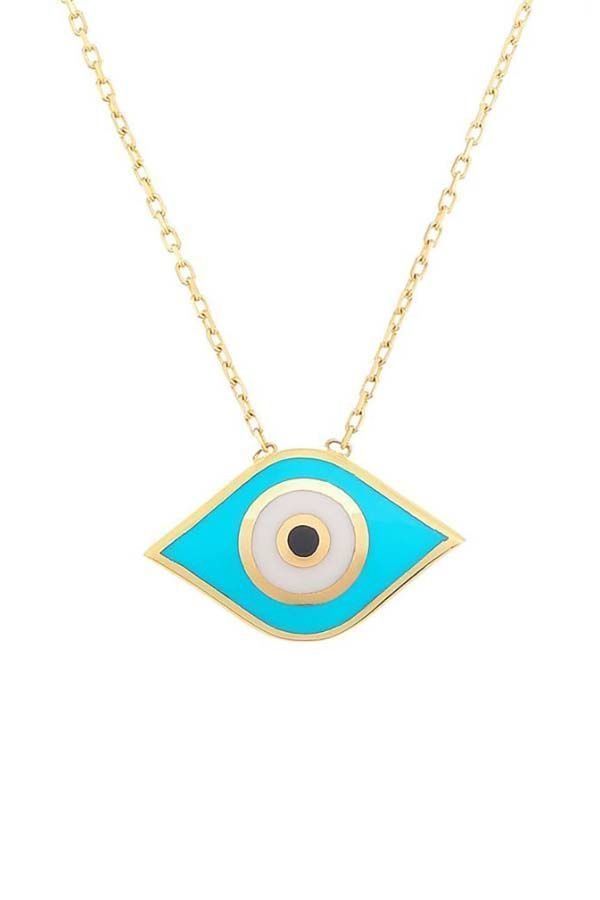 Prenses Pırlanta-14 Ayar Altın Fosforlu Elişi Mineli Göz Altın Kolye Modeli