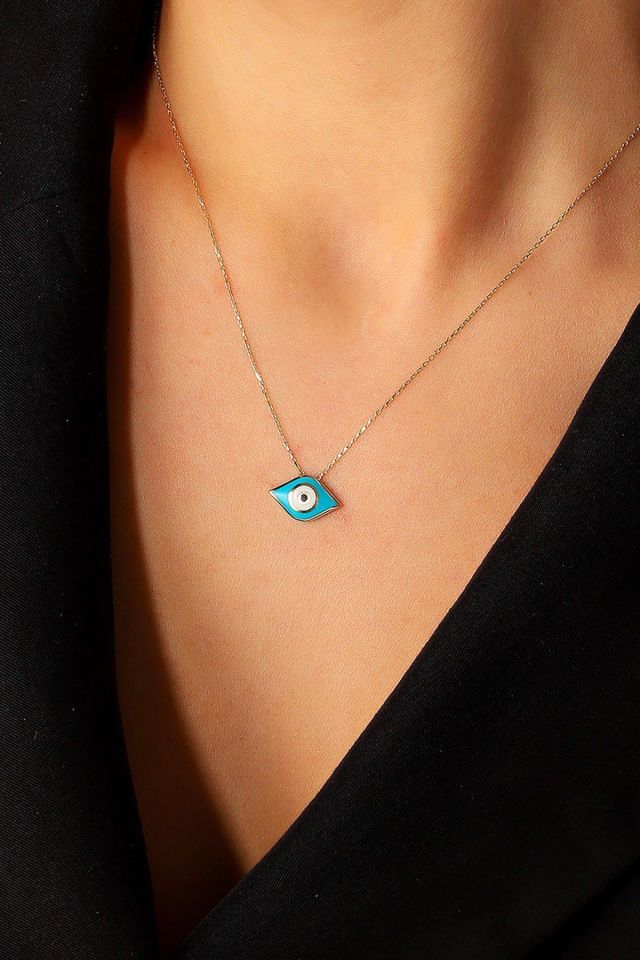 Prenses Pırlanta-14 Ayar Altın Fosforlu Elişi Mineli Göz Altın Kolye Modeli