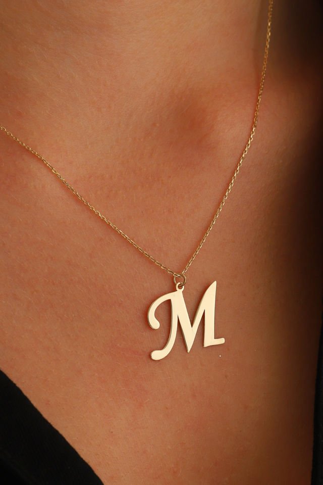 PRENSES PIRLANTA Kadın 14 Ayar Altın Harf Kolye El işi A & Z Harfi Altın Kolye Zincirli Harf Kolye 42 Cm M