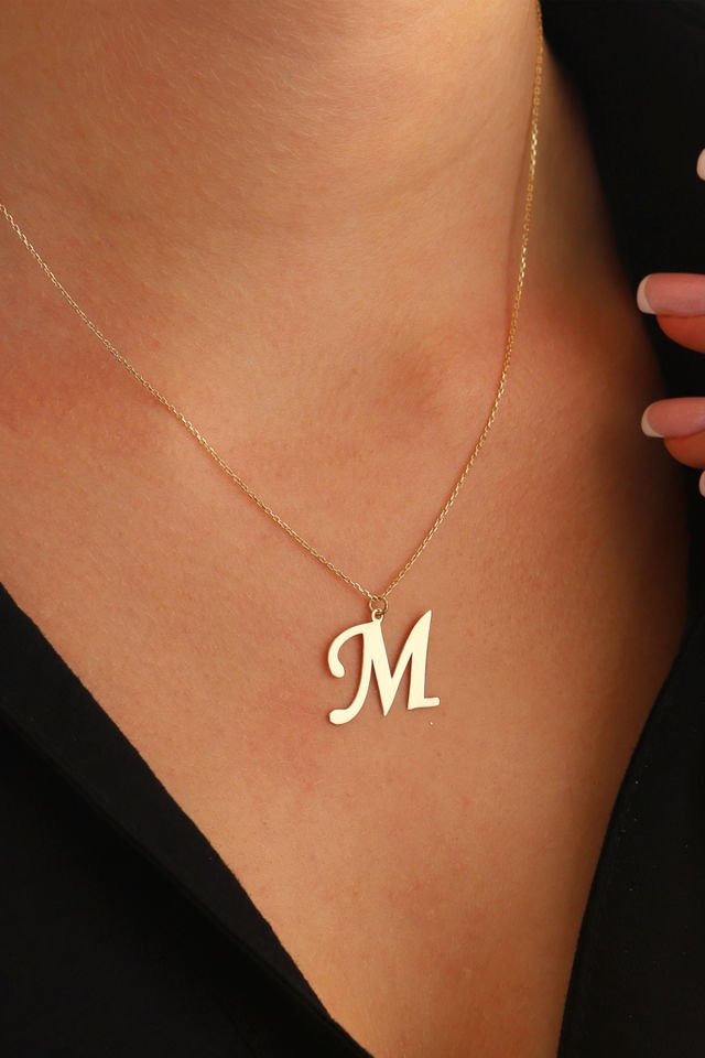 PRENSES PIRLANTA Kadın 14 Ayar Altın Harf Kolye El işi A & Z Harfi Altın Kolye Zincirli Harf Kolye 42 Cm M