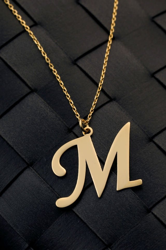 PRENSES PIRLANTA Kadın 14 Ayar Altın Harf Kolye El işi A & Z Harfi Altın Kolye Zincirli Harf Kolye 42 Cm M