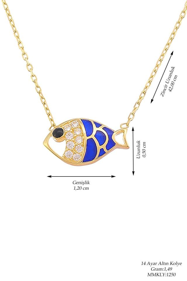 Prenses Pırlanta-14 Ayar Altın Minimal Elişi Taşlı Mineli Balık Altın Kolye Modeli