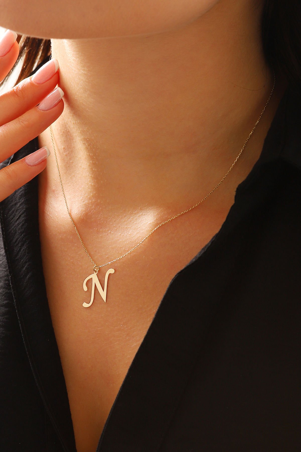 PRENSES PIRLANTA Kadın 14 Ayar Altın Harf Kolye El işi A & Z Harfi Altın Kolye Zincirli Harf Kolye 42 Cm N