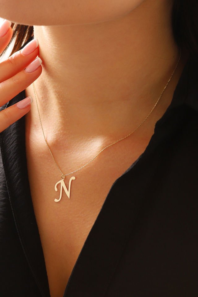 PRENSES PIRLANTA Kadın 14 Ayar Altın Harf Kolye El işi A & Z Harfi Altın Kolye Zincirli Harf Kolye 42 Cm N