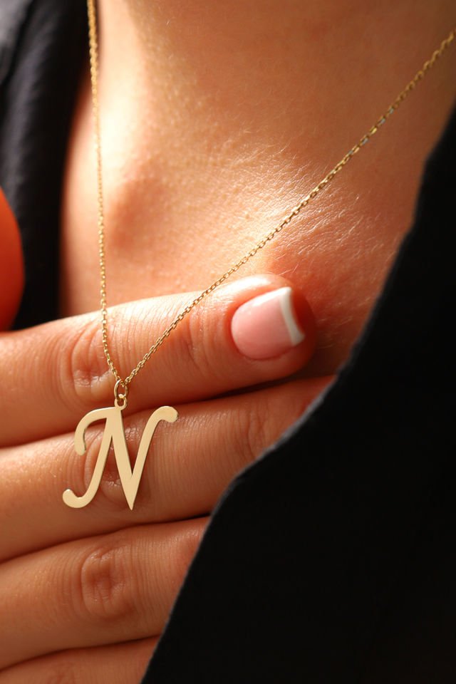 PRENSES PIRLANTA Kadın 14 Ayar Altın Harf Kolye El işi A & Z Harfi Altın Kolye Zincirli Harf Kolye 42 Cm N