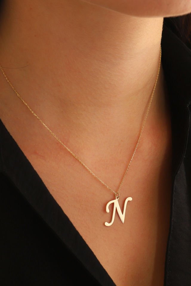 PRENSES PIRLANTA Kadın 14 Ayar Altın Harf Kolye El işi A & Z Harfi Altın Kolye Zincirli Harf Kolye 42 Cm N