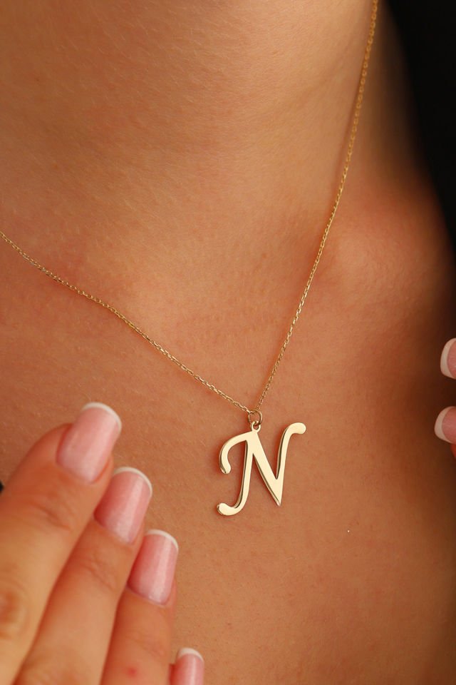 PRENSES PIRLANTA Kadın 14 Ayar Altın Harf Kolye El işi A & Z Harfi Altın Kolye Zincirli Harf Kolye 42 Cm N