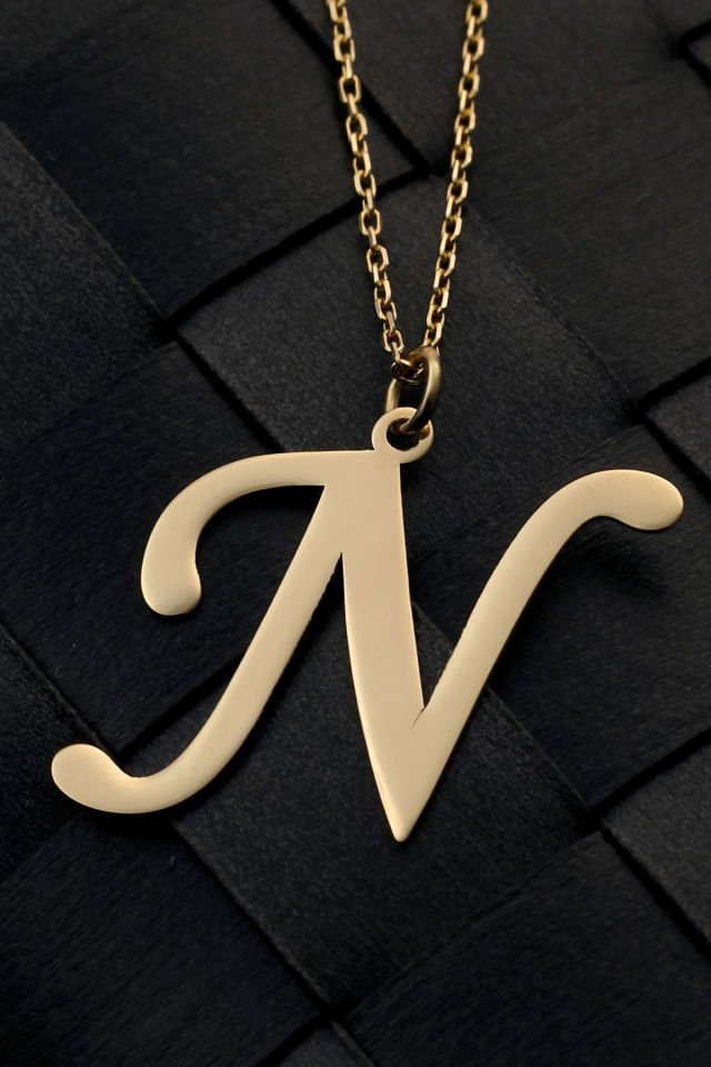 PRENSES PIRLANTA Kadın 14 Ayar Altın Harf Kolye El işi A & Z Harfi Altın Kolye Zincirli Harf Kolye 42 Cm N