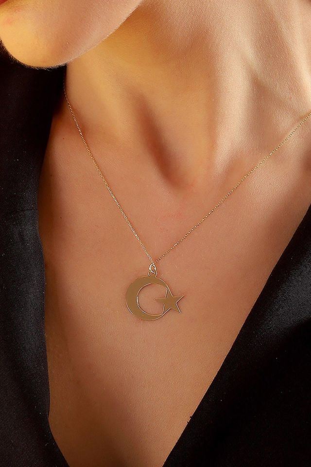 Prenses Pırlanta-14 Ayar Altın  2 cm Ay Yıldız Altın Kolye Modeli