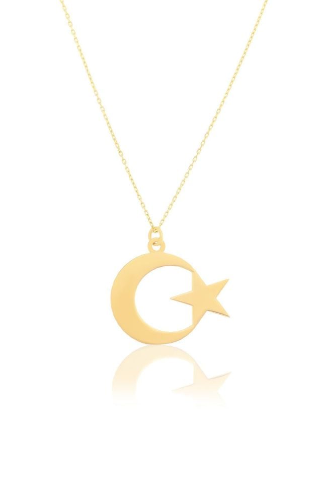 Prenses Pırlanta-14 Ayar Altın  2 cm Ay Yıldız Altın Kolye Modeli